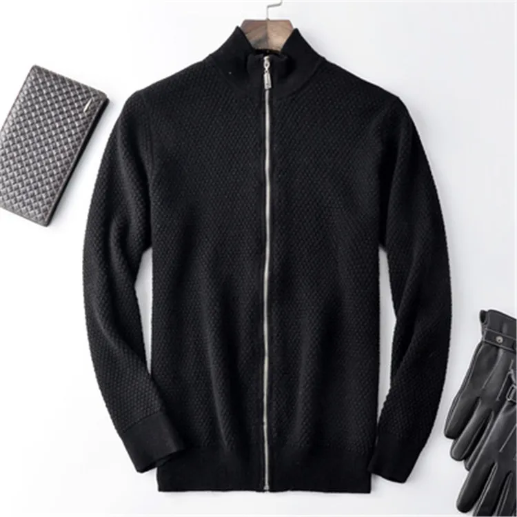  100%cashmere knit men smart casual half high collar zipper H-straight cardigan sweater 3color S-2XL