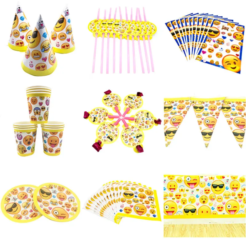

Emoticon Flags Tablecloth Straws Cups Plates Napkins Blowout Hats GiftBags Party Supplies Kid Birthday Party Decoration Supplies