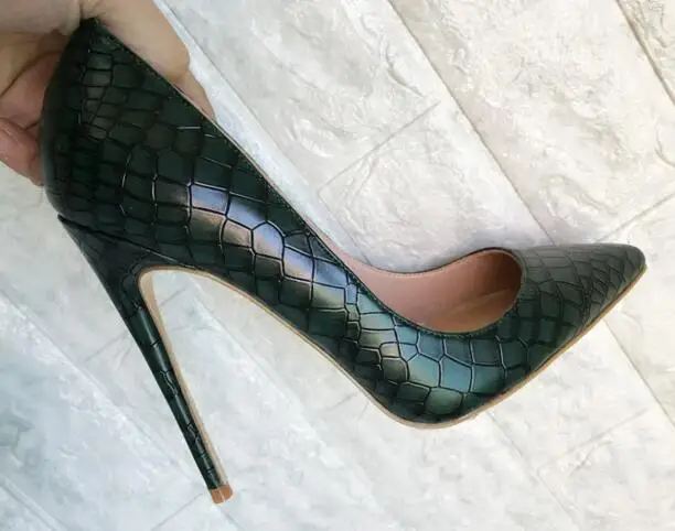 

Dark Green Leather 2018 New Spring High Heel Women Pointed Toe Lady Shoes Stone Pattern Work Pump Wedding Shoes Party Pumps