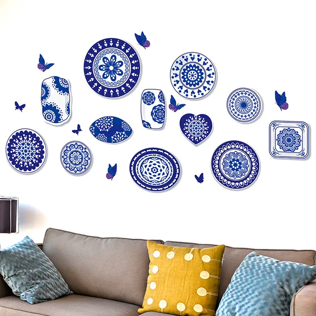 shijuehezi blue and white porcelain 3d wall sticker vinyl material
