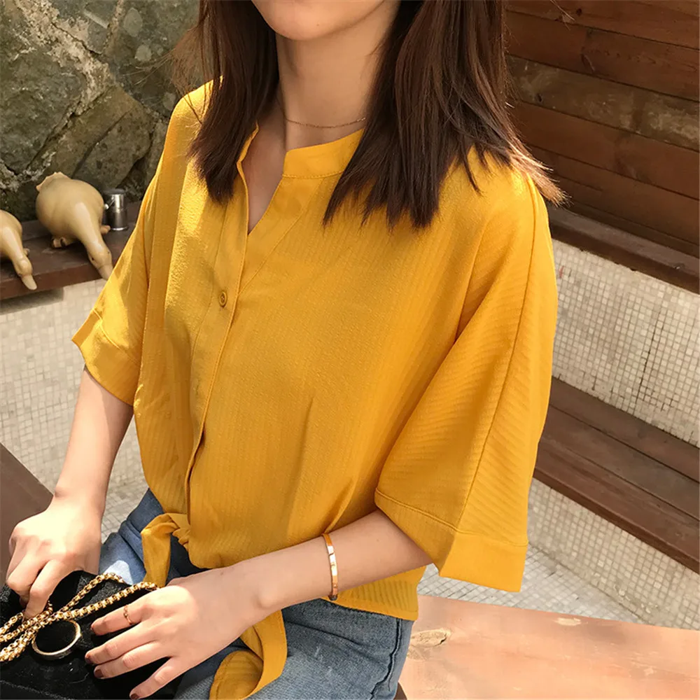 Short Style Loose Chest Women Blouse Shirt 2018 Summer V Neck Casual Short Shirt Chiffon Half Sleeve Dating Blouse campus Shirt (24)
