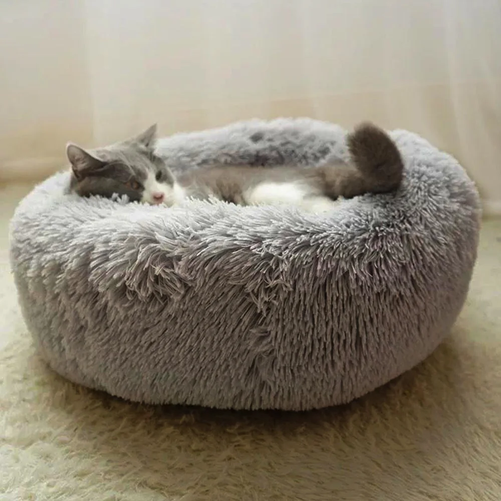 Super Soft Pet Cat Dog Bed Long Plush Round Cats Winter Warm Sleeping Mats Bag Puppy Cushion Mat Portable Cat Product 50/60/70cm