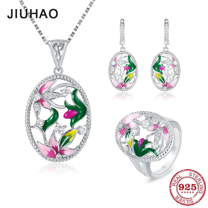

Flower Jewelry Set Pink Rose Jewelry enamel Rings Earrings Pendant 925 Sterling Silver Party Fashion for Women Accessories