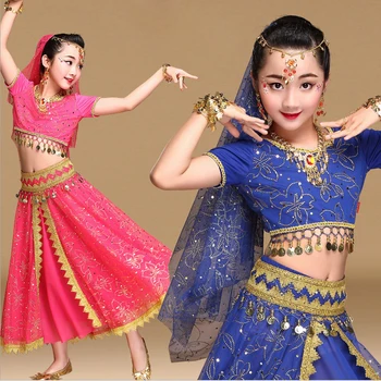 

2018 Sari Dancewear Children Belly Dance Costume Set Indian Dance Costumes Bollywood Kids Dresses 4pcs (Top Belt Skirt Veil)