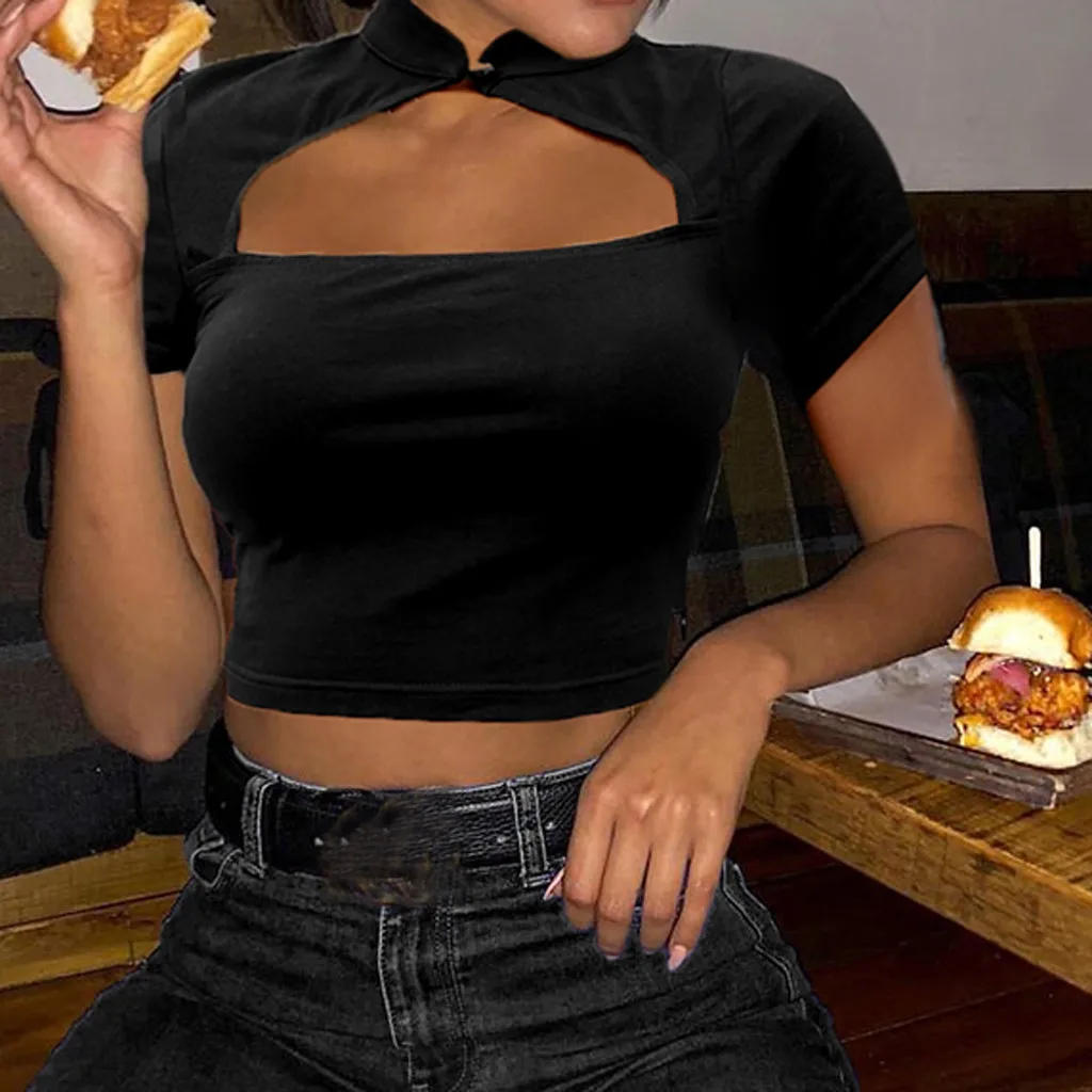 Харадзюку женская сексуальная модная футболка с круглым вырезом и короткими рукавами, однотонная ажурная летняя рубашка с пуговицами, уличная одежда