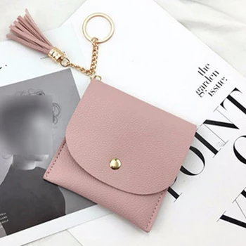 

Mini Small pocket purse Women's short money thin fashion Tassels Ring key ring Soft leather Simplicity Coin bag Card bag Solid