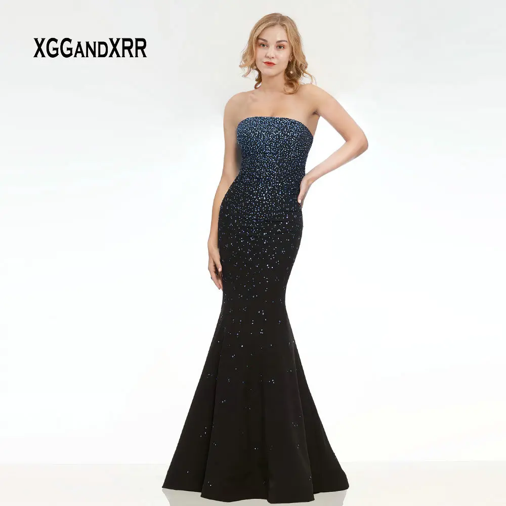 

Charming Strapless Navy Blue Long Prom Dress 2019 Elegant Backless Crystals Satin Evening Dress Women Formal Party Gowns Gala