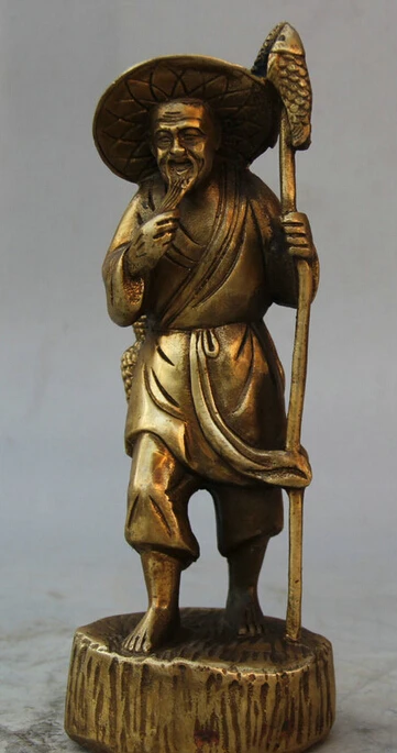 

8" Chinese Folk Brass Old Man Fisherman Fishbasket Catch fish Statue Sculpture R0710 B0403