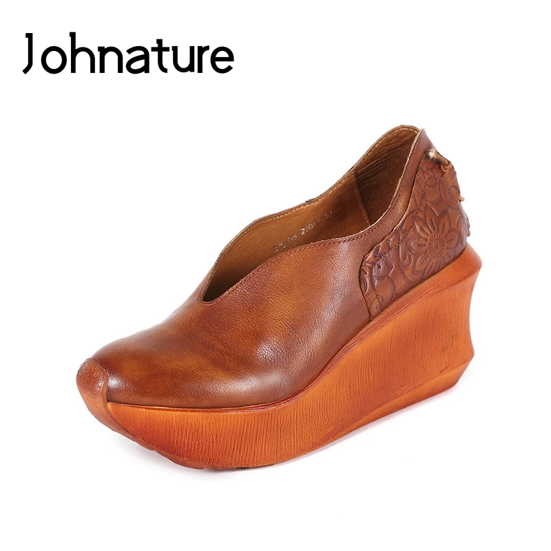 Женские туфли на толстой подошве Johnature кожаные лодочки ручной работы дышащие в