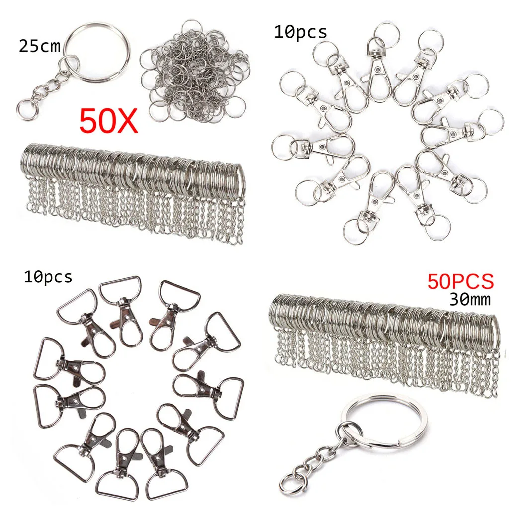 

10/10/100 Pcs Polished Silver Color Keyring Keychain Split Ring With Short Chain Key Rings Women Men DIY Key Chains Accessories