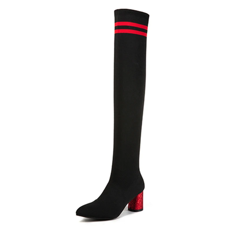Женские ботфорты; коллекция года; сезон осень; вязаная обувь с острым носком; облегающие сапоги на высоком каблуке; женские эластичные сапоги-чулки; WB1430 - Цвет: Red
