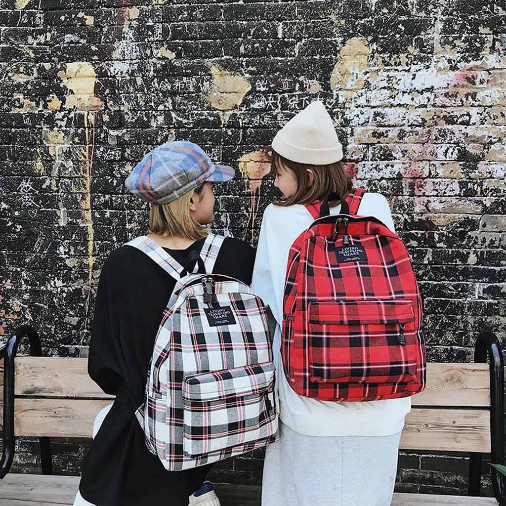 

Women New Bag Female Student College Wind Bag Plaid Canvas Backpack Travel Bag High Quality Canvas Backpack Men Casual Solid