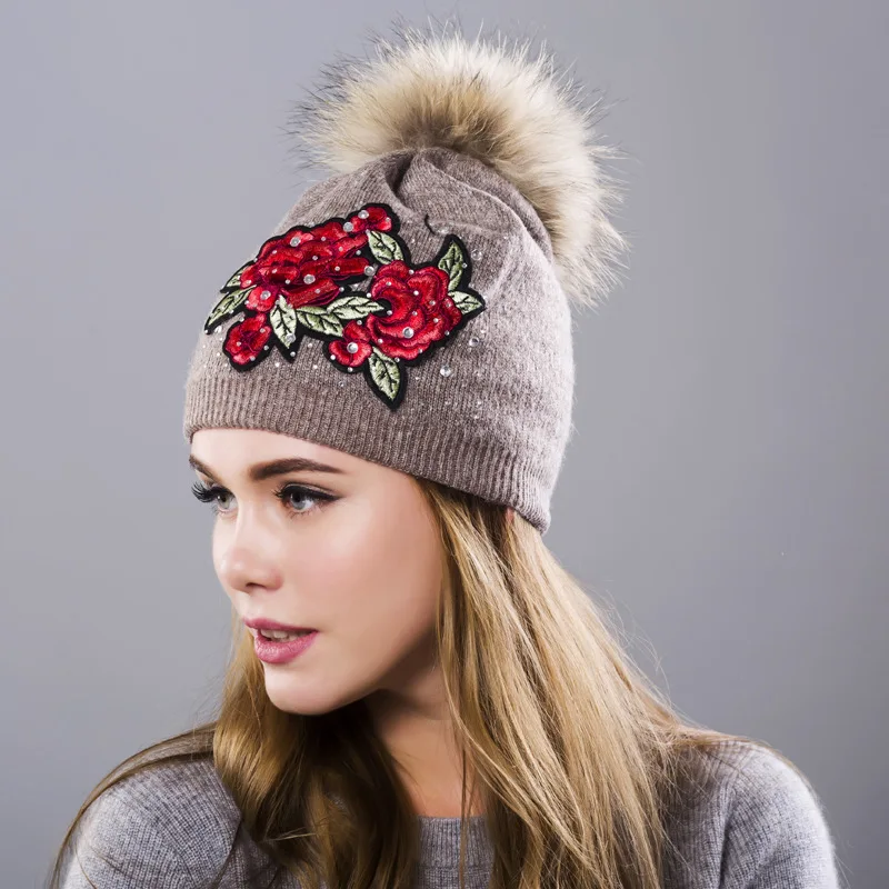 Winter Hat Women Knit Beanie Warm Cap Wool Flower Real Raccoon Pom Pom Autumn Casual Outdoor Ski Skullies Snow Accessory (29)