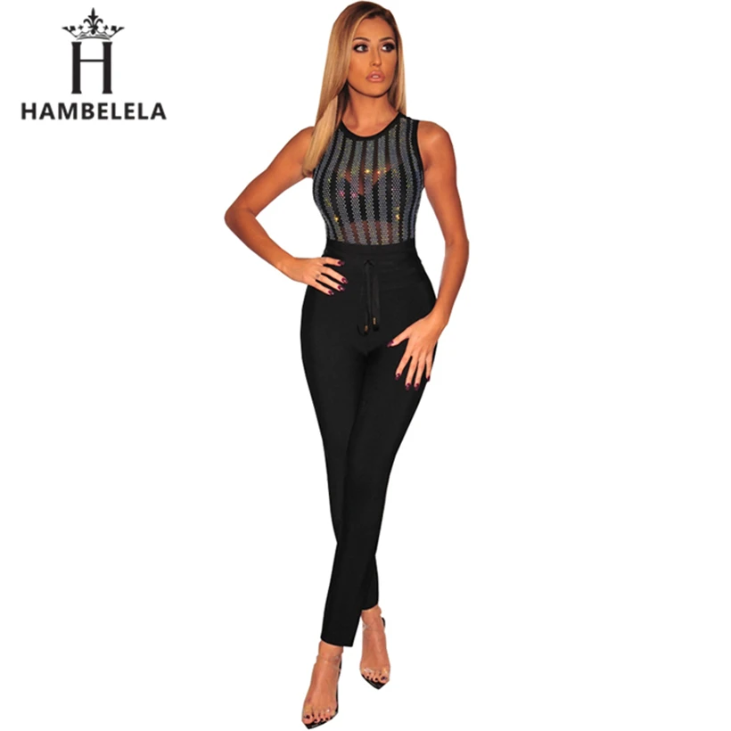 HAMBELELA Black Red O-Neck Sheer Bodysuit Women Perspective Mesh Studded Diamonds Jumpers And Rompers Women Body Tops (4)