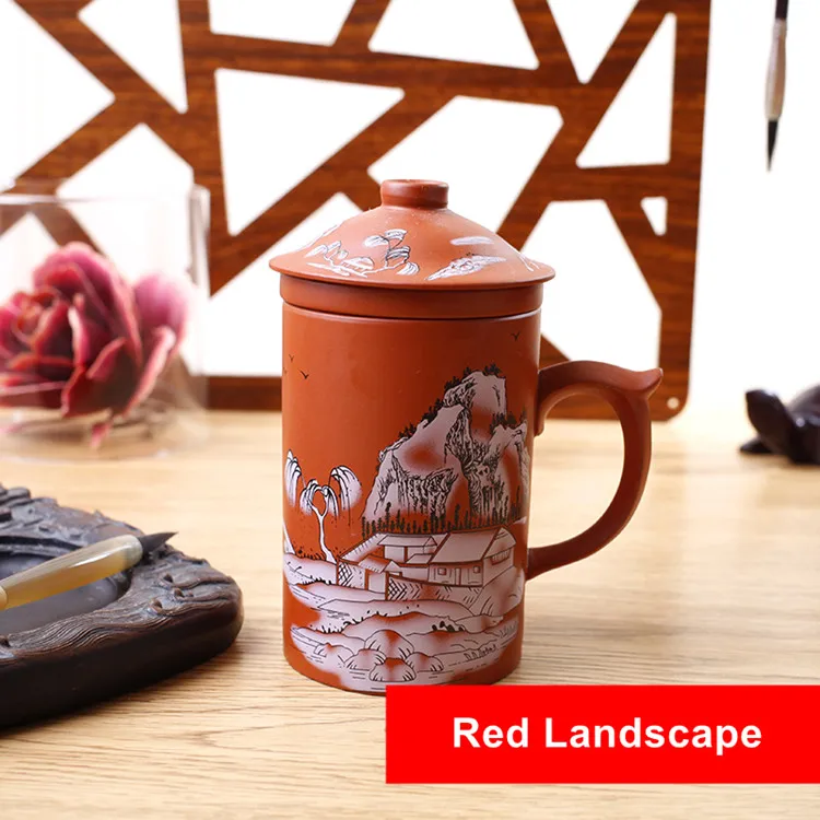 Red Landscape Ретро Традиционный китайский дракон феникс фиолетовая глина чайная кружка с крышкой для заварки ручной работы Исин Zisha чайная чашка 300 мл чайная чашка Подарочная кружка - Цвет: Red Landscape