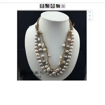

Jewelry Necklace 11-12mm Baroque natural freshwater pearl leather rope necklace, three layers 50cm