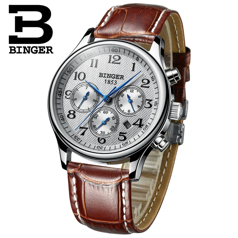 Watches Men Luxury Brand BINGER Automatic Mechanical Watch Waterproof Calendar Leather Wristwatch relogio masculino