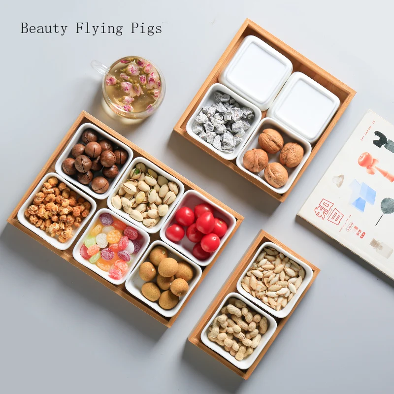 

Simple Japanese ceramic snack plate dried fruit plate with wood tray living room candy melon nuts mixed box snacks storage box