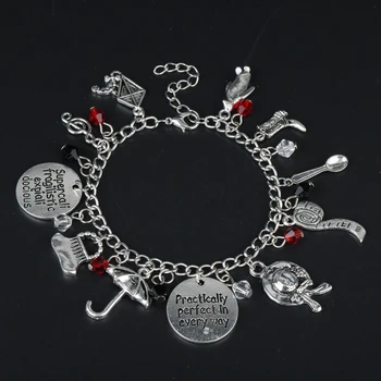 

Wholesale Mary Poppins Charm Bracelet Hand Stamped Letter Practically Perfect in Every Way Handbag,Umbrella,Shoe Crystal Jewelry