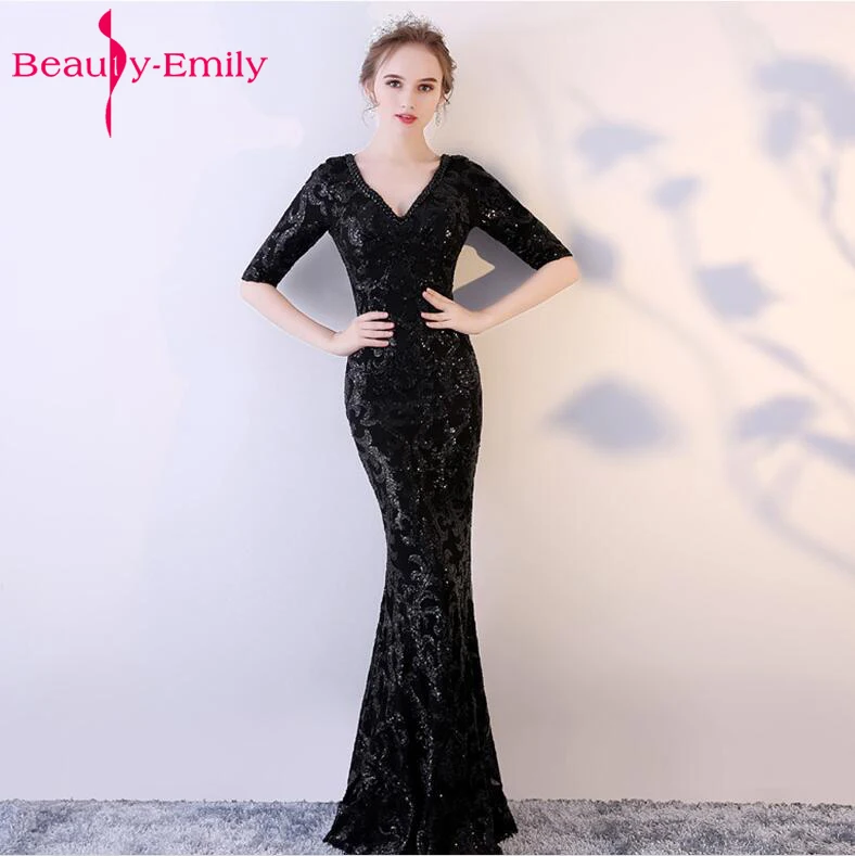 

Luxury black Long sequin Evening dresses Champagne V neck Cheap evening gown 3 quarter Sleeveless Prom Party Formal Dresses