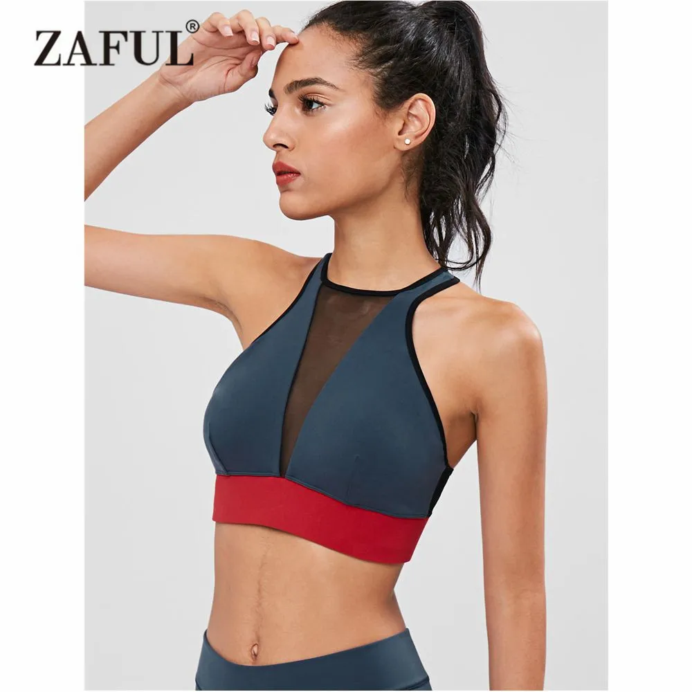 

ZAFUL Sports Bra Racerback Two Tone Workout Bra Top For Fitness Yoga Gym Running Padded Tank Solid Push Up Fintess Yoga Bra