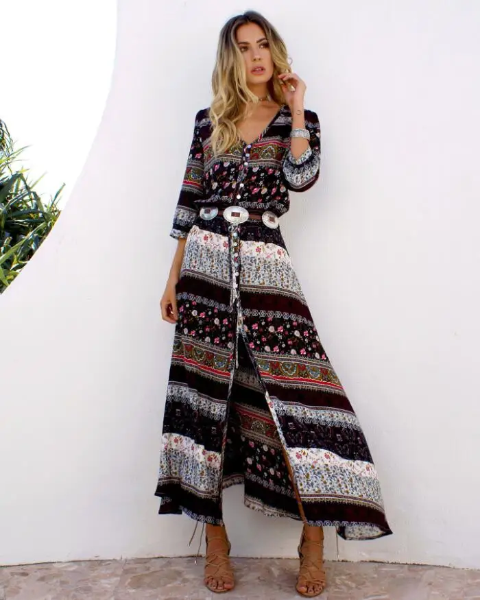 brown S-5X Boho Стиль длинное платье макси платье с цветочным принтом Boho пляжные платья женские длинные большие размеры женская одежда - Цвет: brown