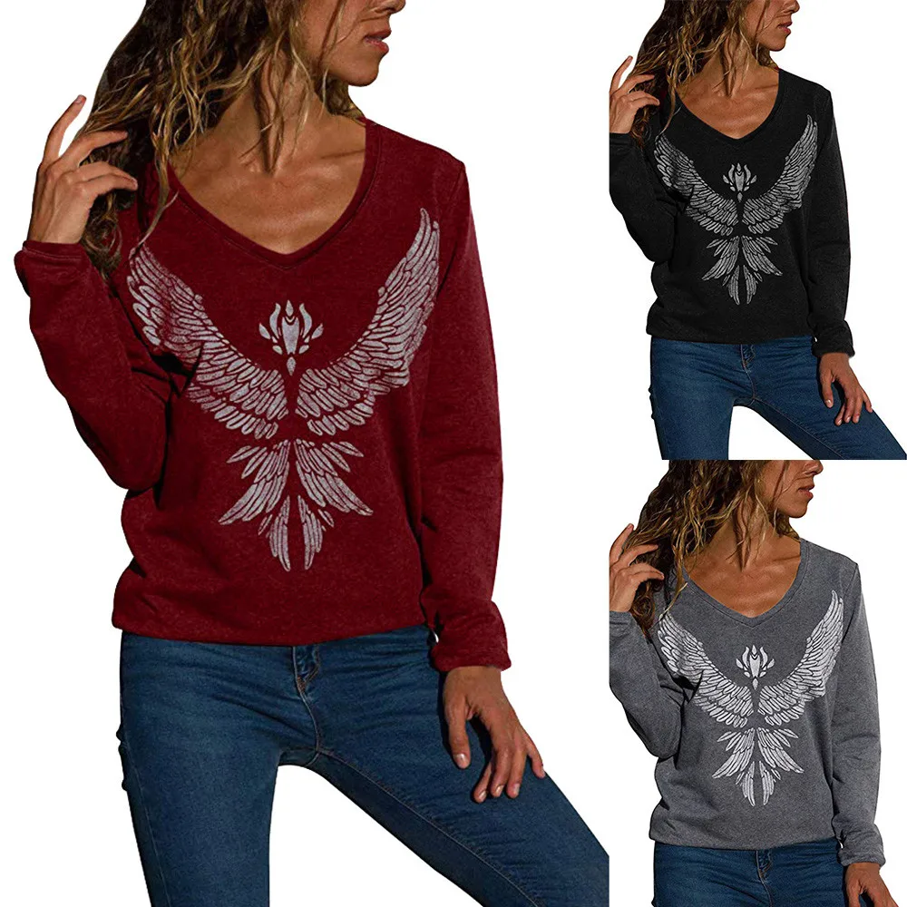 

2018 New autumn Women's Long Sleeve Print Top Wings Basic Sweatshirt V-neck crop top hoodie ropa de mujer invierno tops