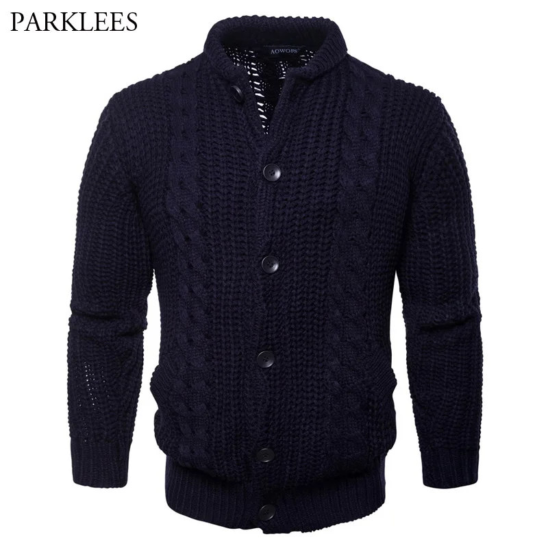 Mens Solid Color Single Breasted Cardigan Sweater Pockets