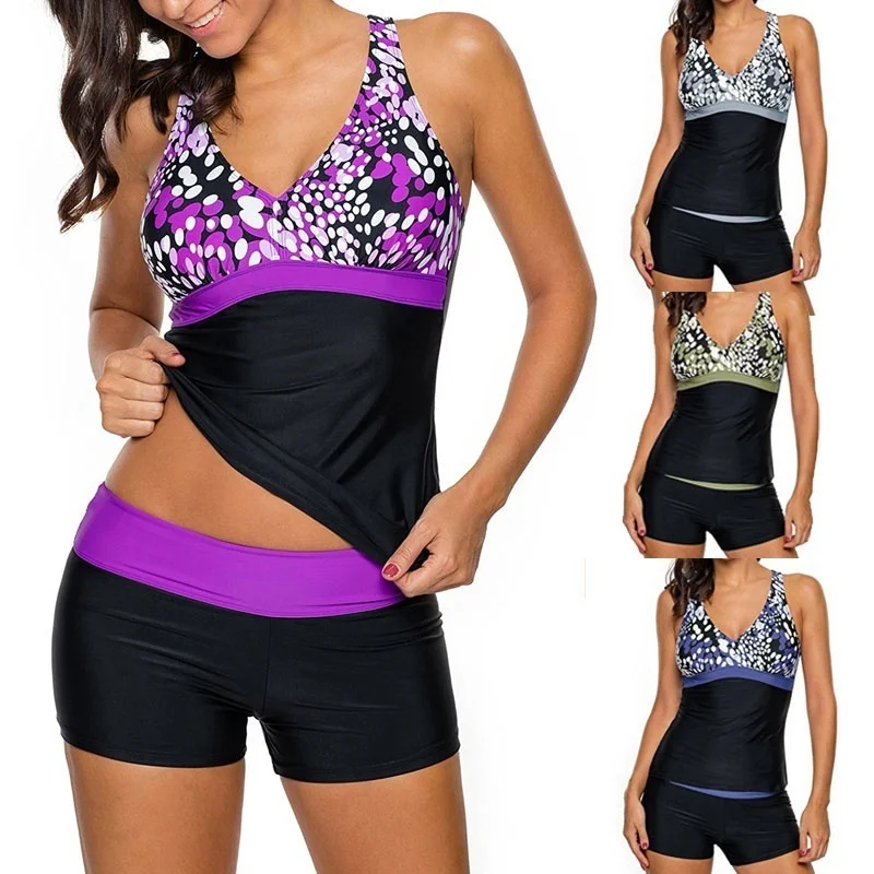 

2018 Summer Womens Two Pieces Tankini Top with Boyshort Swimsuit Swimwear Print X Back Tankini XXL Plus Size