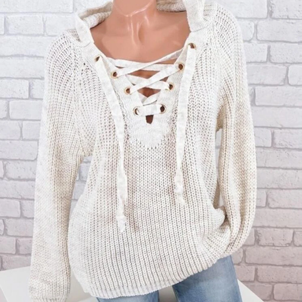 

New Solid Vintage Women Sweaters Sexy Bandage V Neck Pullovers Casual Knitted Pull Femme Winter Jumper Loose Long Blusa