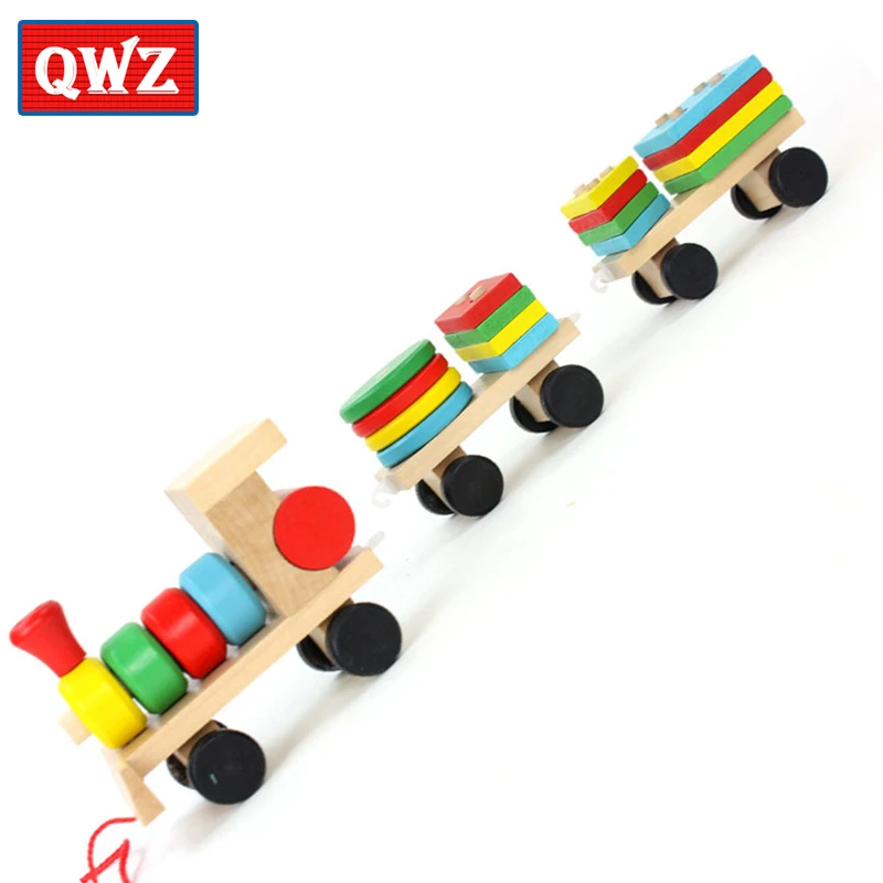 QWZ детские игрушки, детский прицеп, деревянный поезд, транспортное средство, геометрические блоки, цветные блоки, для обучения детей, рождественские подарки