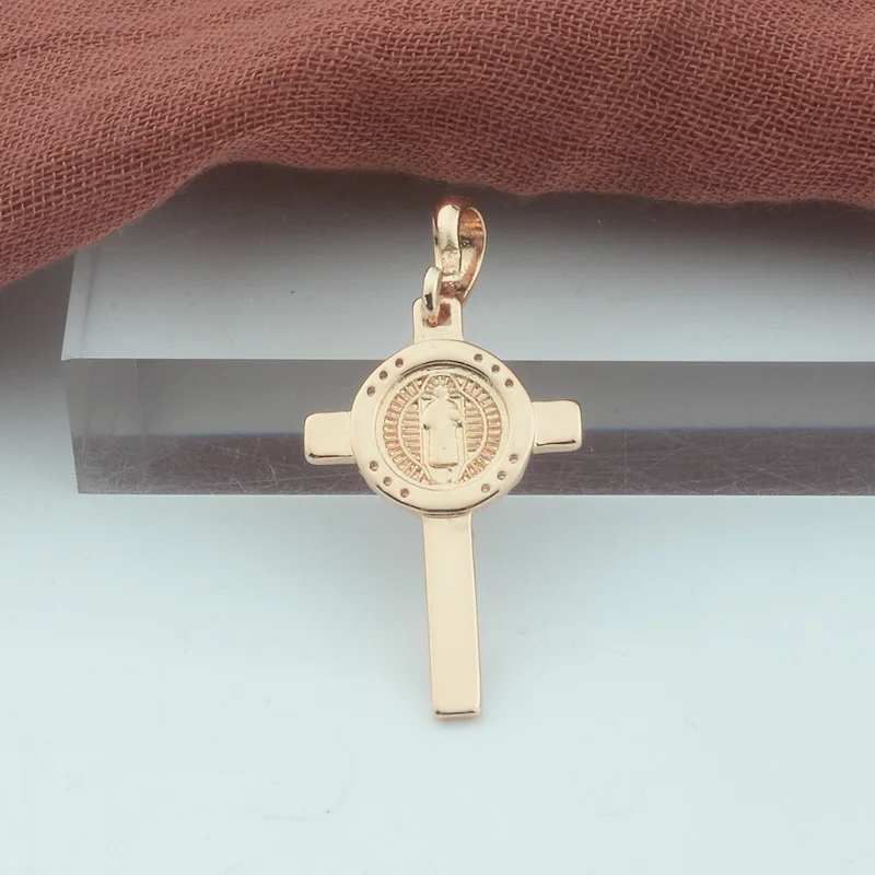 FJ для женщин мужчин Круглый прозрачный Кристалл крест кулон 585 розовое золото цвет религиозный кулон цепь