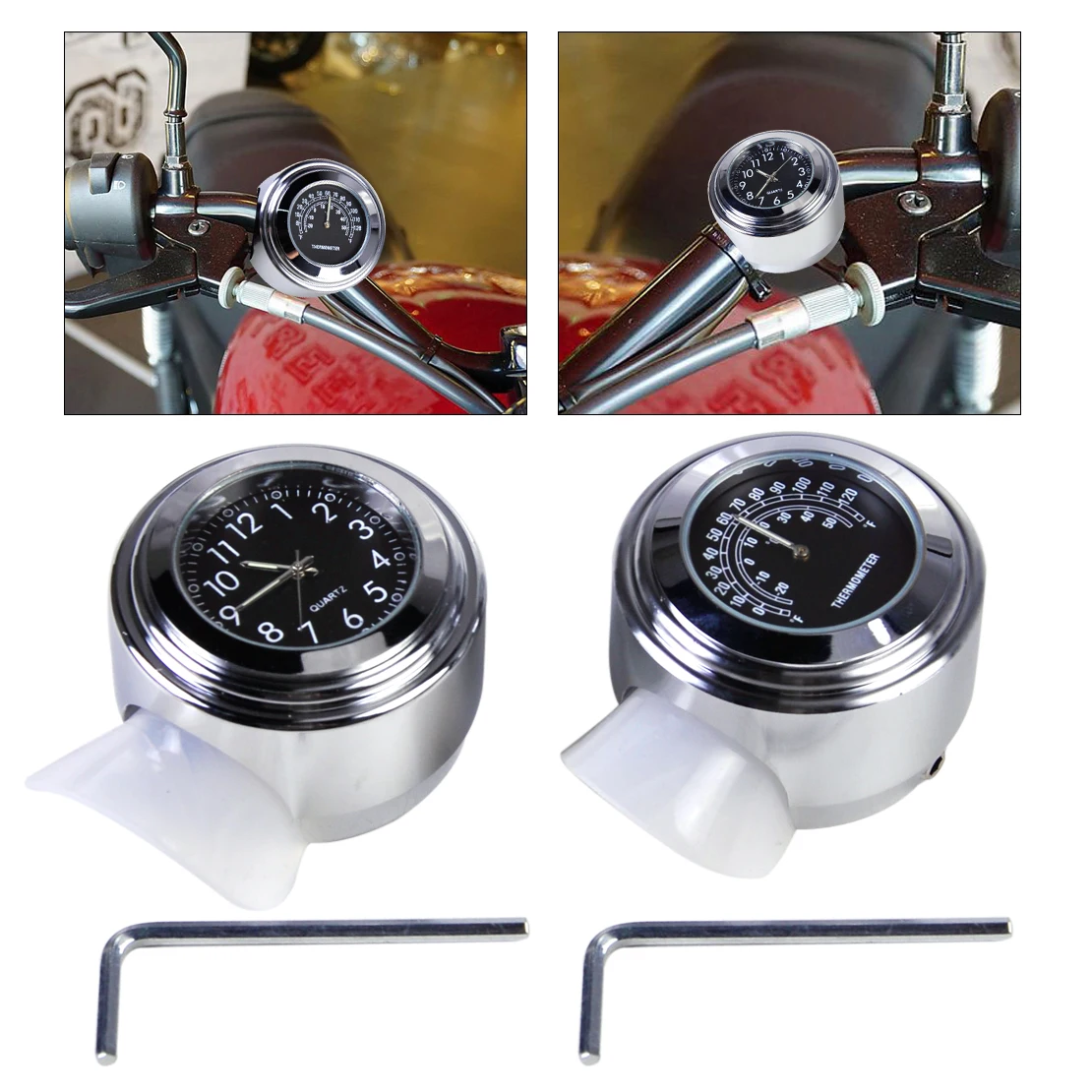 DWCX 7/8" Motorcycle Motorbike Handlebar Thermometer + Clock Black Dial