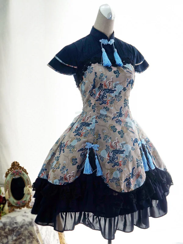 

Classic Half Sleeve Layered Black Qi Style Floral Printed One Piece Lolita Dress with Tassels
