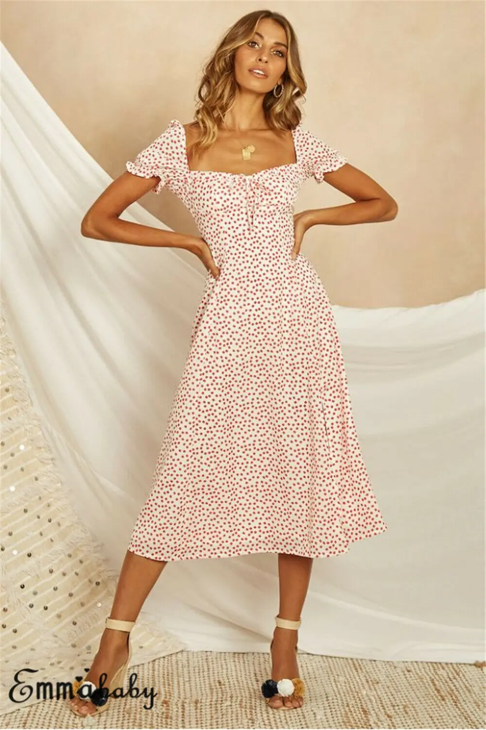 

Hot Women Summer Dress Boho Short Sleeve Polka Dot Square Slit Neck Ladies Fashion Summer Evening Party Beach Casual Sundress