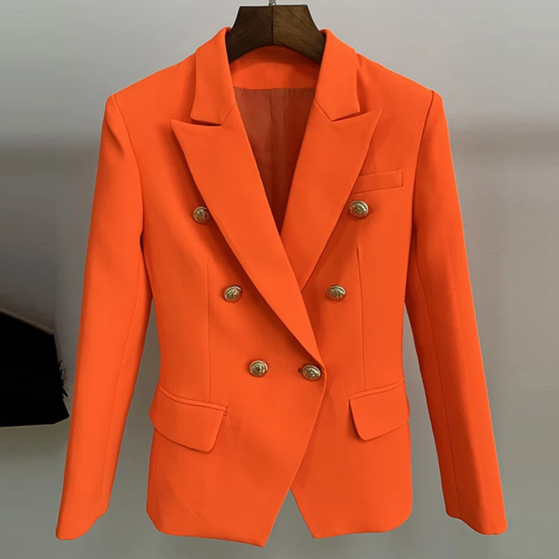 Высокое качество ткани дизайнер для женщин блейзер двубортный серебряные пуговицы Пряжка Белый Оранжевый офисные женские пиджаки