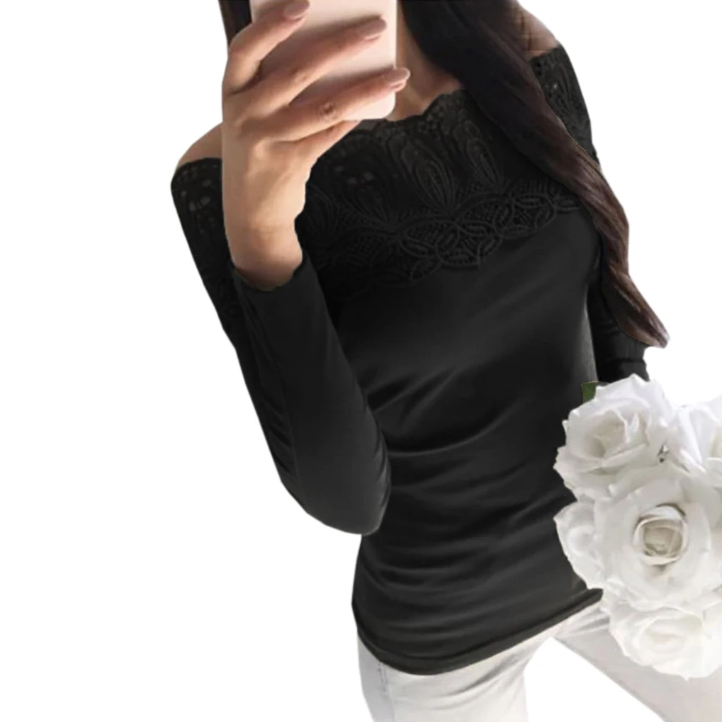 

Slash Neck Patchwork Lace T -Shirt Spring Autumn Basic Tee Plus Size 2018 Casual Women Top Sexy Tshirt Long Sleeve Jumper