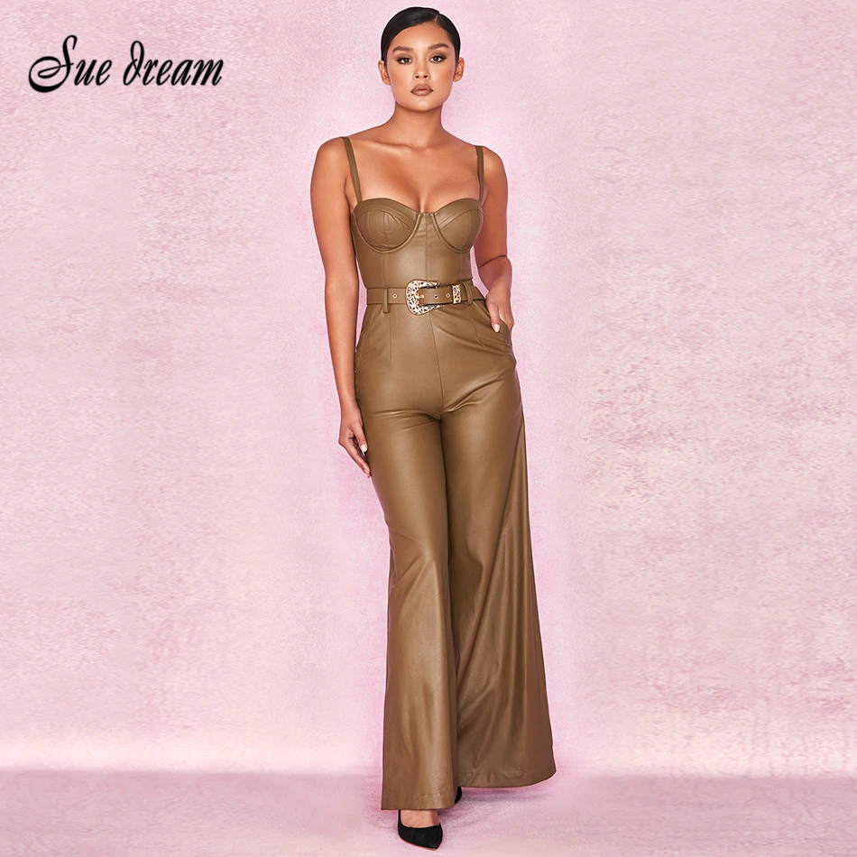 New Celebrity High Quality Non-slip Army Green Leather Loose Jumpsuit 2019 New Belt Decoration Sexy Fashion Party Jumpsuit