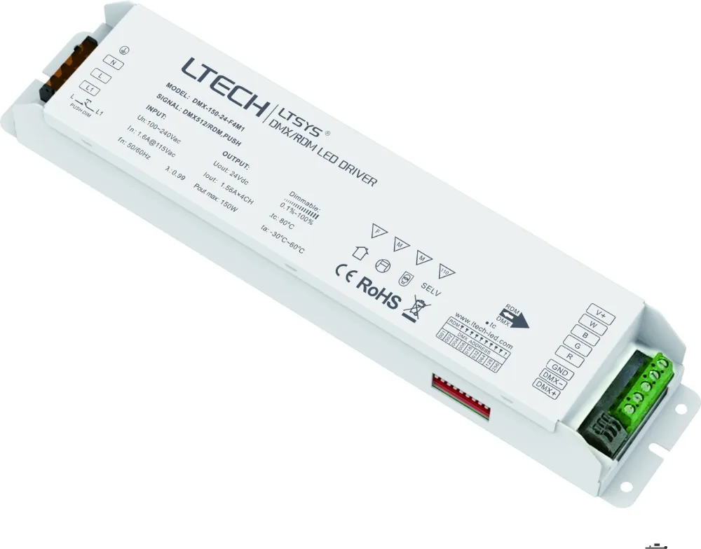 

DMX-150-24-F4M1;Constant voltage LED DMX Driver;100-240Vac;24V/0-1.56A*4CH/1-150W output