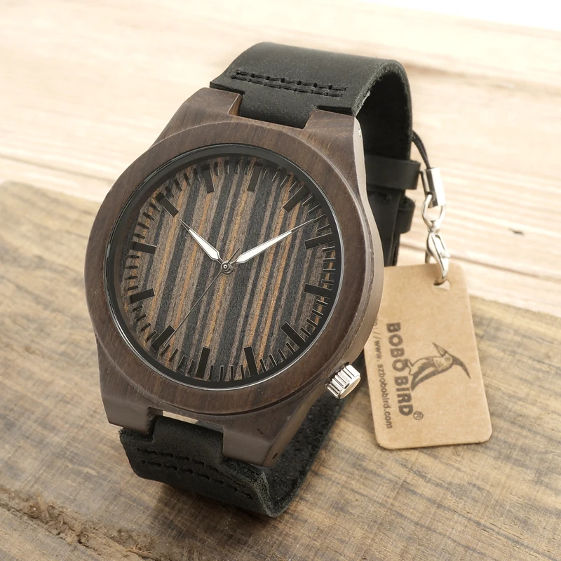 BOBO BIRD 100% Natural Ebony Wooden Bamboo Watches With Real Leather Casual Watches for Man In Gift Box