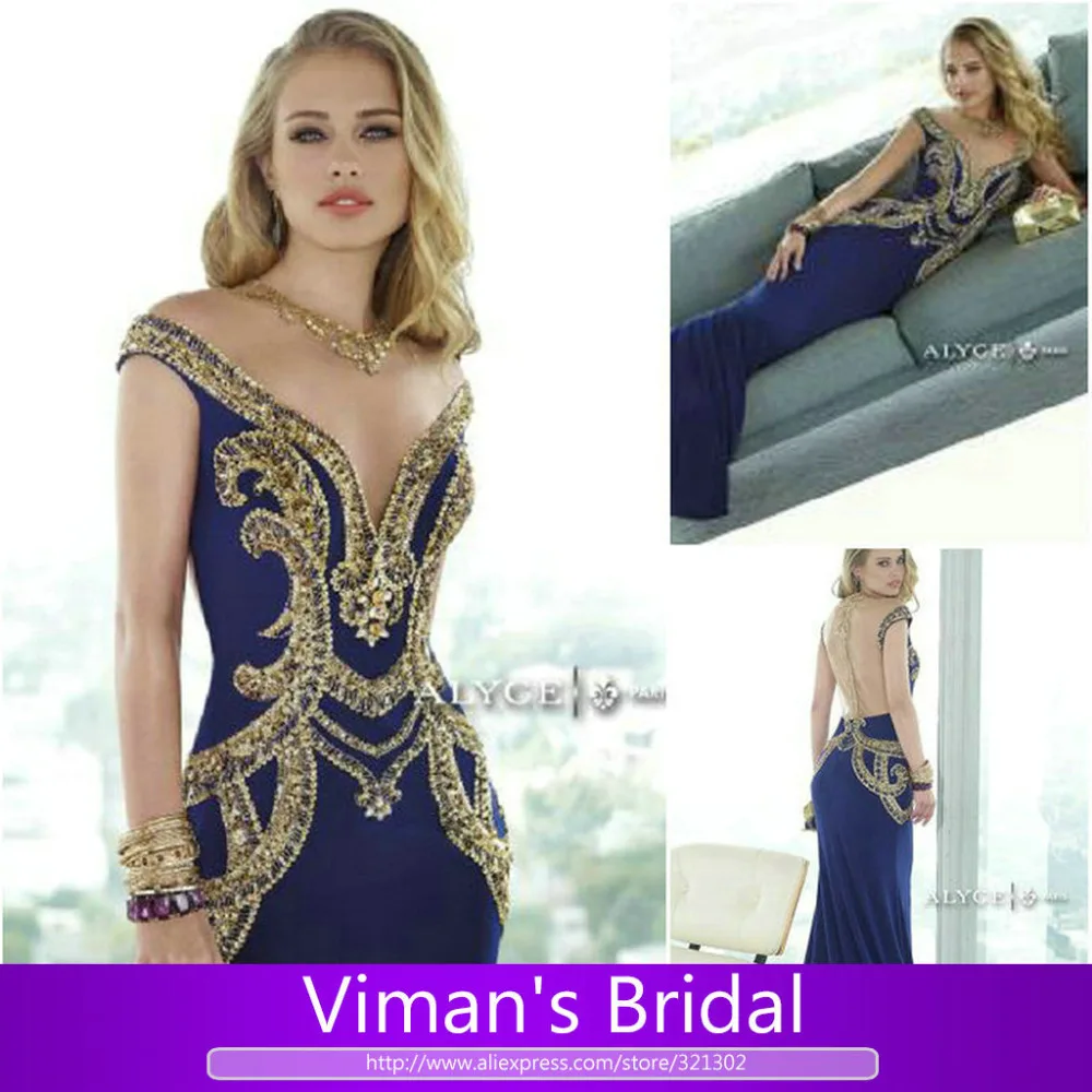 2015 New Arrival Mermaid Royal Blue Fashion Gold Beaded Long Evening