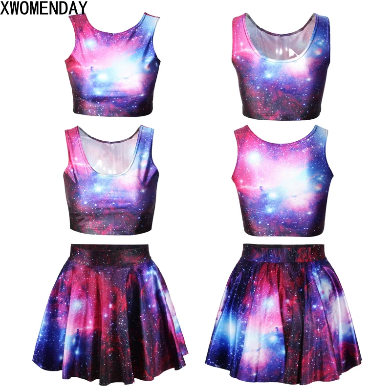 

Sexy Holographic Starry Sky 2 Piece Skirt Set Women outer space Sleeveless Summer Short O Neck Top And Skirt Two Piece Outfits