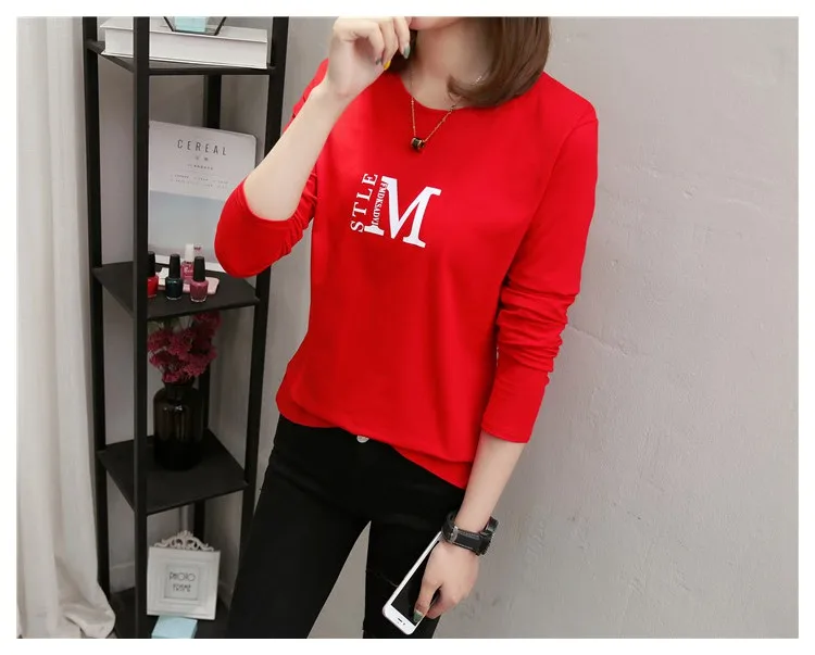 Весенняя женская футболка с длинным рукавом, корейская модная хлопковая Футболка с буквенным принтом, милая Студенческая футболка, повседневные женские топы - Цвет: Красный