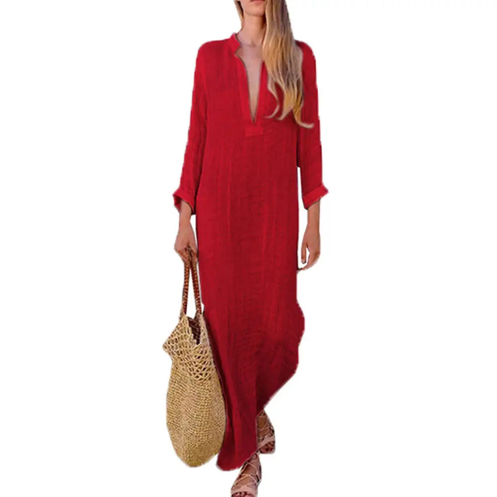 Сезон: весна–лето Для женщин с длинным рукавом юбка в стиле бохо разрез хлопок белье неупакованная Макси-юбка однотонные юбки кафтан V сарафан Мода - Цвет: Красный