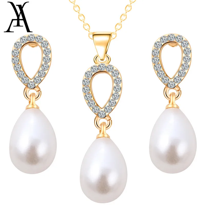 New Faux Pearl Jewelry Set Costume Crystal Jewellery Water Drop Faux Pearl Jewelry Set Costume Crystal