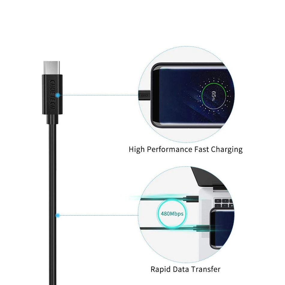 USB Type C кабель CHOETECH для быстрой зарядки Xiaomi Mi9 Redmi Note 7 Samsung Galaxy S9 синхронизации
