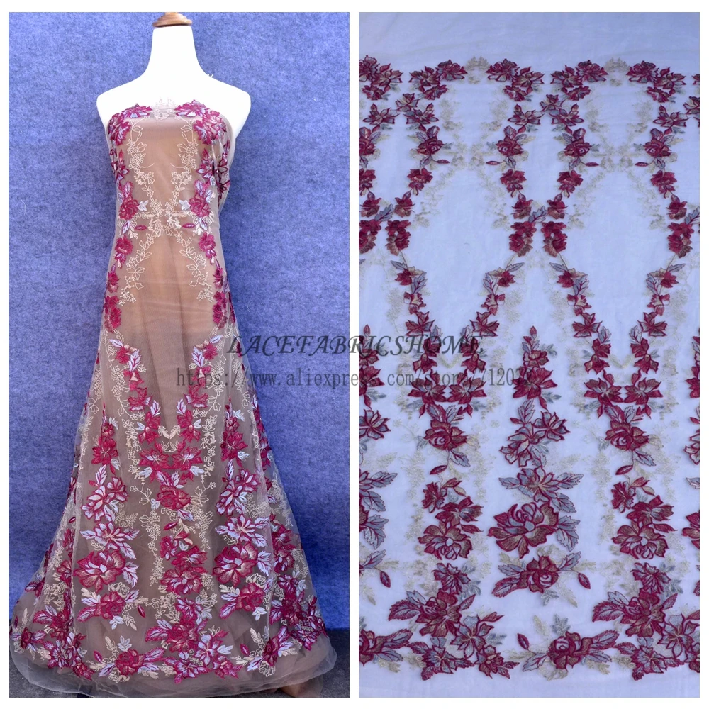 New Wine Purple Mixed Colour Embroidered On Tulle Mesh Lace Fabric New Wine Purple Mixed Colour Embroidered On Tulle Mesh Lace Fabric Wedding Evening Dress 51 Width 1 Yard Whole