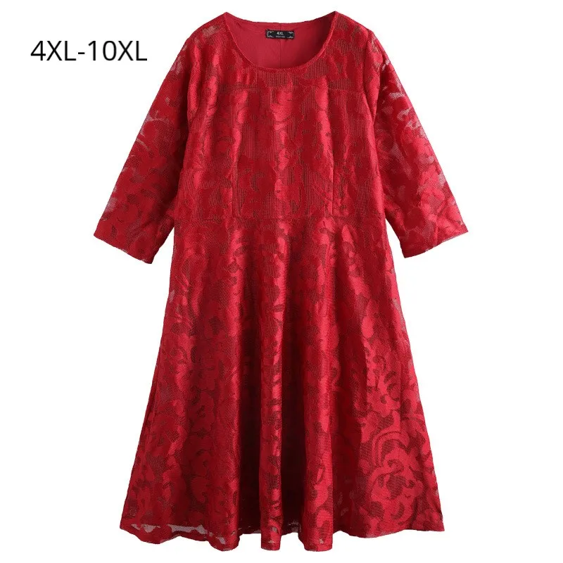 

Plus Size 10XL 9XL 8XL 4XL Women 3/4 Sleeve Spring Dresses Female Vintage Lace Dress Office Ladies Slim Work Wearing Tops