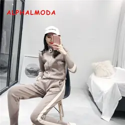 ALPHALMODA куртка на молнии + узкие брюки для женщин Осень Зима Повседневное спортивные костюмы вязание 2 шт. наборы