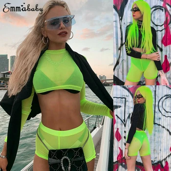 

2019 New Sexy Women Tracksuit Set Crop Top+Shorts 2pcs Suit Summer Casual Sport Hot Pants Ladies Mesh Wear Suit